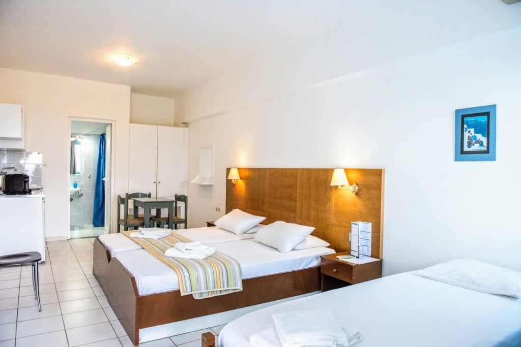 Superior Studio Sea View Ground Floor Bed and kitchen 1 Mirabella Apartments Agios Nikolas Crete